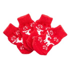 4 Pcs Christmas Red Elk Knitted Dog Socks Paw Protection for Puppy Indoor Wear