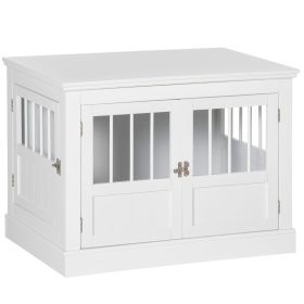 Wooden Dog Crate End Table, White, Triple Doors for Small Dogs