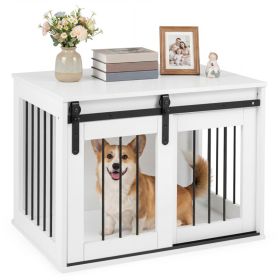 31.5" Dog Crate Furniture w/ Sliding Barn Door, Kennel End Table - White