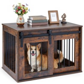 31.5" Dog Crate Furniture w/ Sliding Barn Door, Kennel End Table - Rustic Brown
