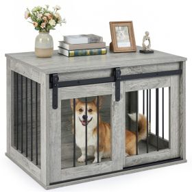31.5" Dog Crate Furniture w/ Sliding Barn Door, Kennel End Table - Gray