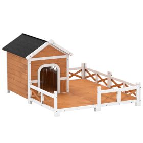 Wooden Outdoor Dog House with Large Porch, Weatherproof Roof, Elevated Base, Removable Floor