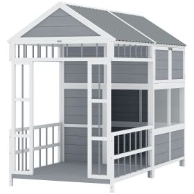 Large Wooden Outdoor Dog House with Porch, Storage Cabinet, & Weatherproof Roof,
