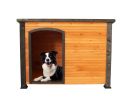 45" Wooden Large Dog House, weatherproof winter strap with elevated feet, (gold red and black)