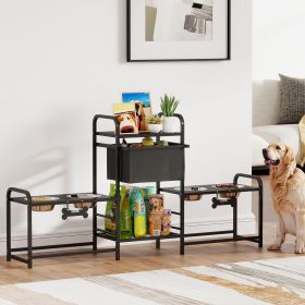 3 Height Adjustable Dog Bowl Stand with 2 Feeding Stations and Storage Bin, Black