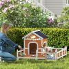 Wooden Outdoor Dog House with Large Porch, Weatherproof Roof, Elevated Base, Removable Floor