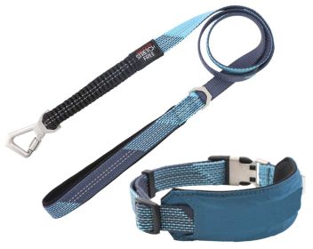 'Geo-prene' 2-in-1 Shock Absorbing Neoprene Padded Reflective Leash and Collar (Color: Blue, size: large)