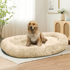 Large Dog Bed Super Soft, Machine Washable & Non-Slip Bottom For Safety (Color: Beige)