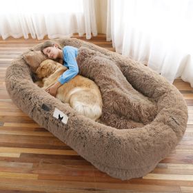 Human Dog Bed, Large Size Fits You and Pets, Washable Faux Fur Orthopedic Dog Bed with Plump Pillow, Blanket (Color: Khaki, size: 6XL(71"L x 45"W x 12"Th))